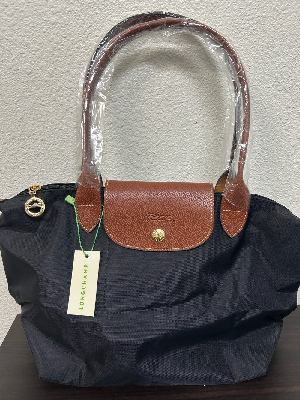 Longchamp Navy with Brown Leather Le Pliage Small Tote - Picture 3 of 6